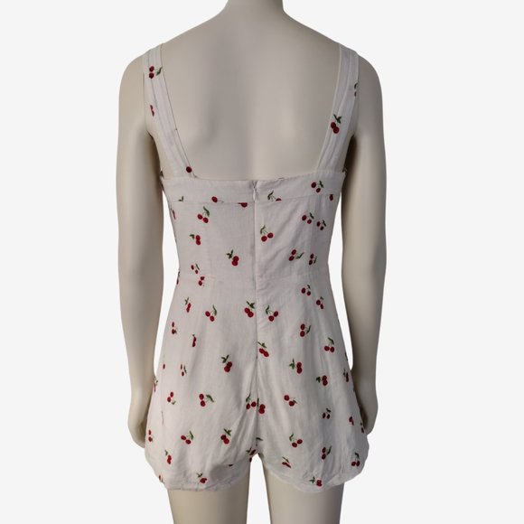 Forever 21 White Cherry Print Sweetheart Lace Up Chest Linen Romper - Picture 6 of 13